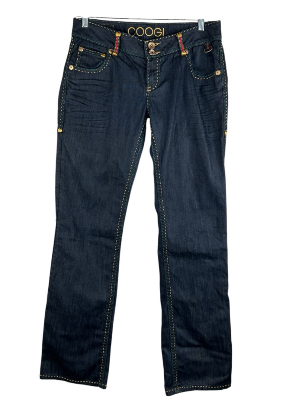 COOGI Women's Colored Stitch Wide Leg Low Rise Hip Hop Y2K Dark Wash Jeans 11/12
